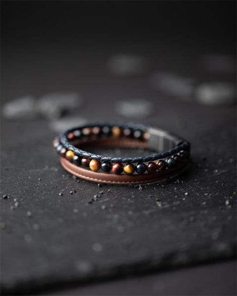 Dreifaches Armband mit 6 mm Tigerauge-Stein und Nappaleder - Triple 3 Colours